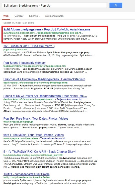 pencarian di google dengan menggunakan keywoards "split album thedyingsirens - pop up"